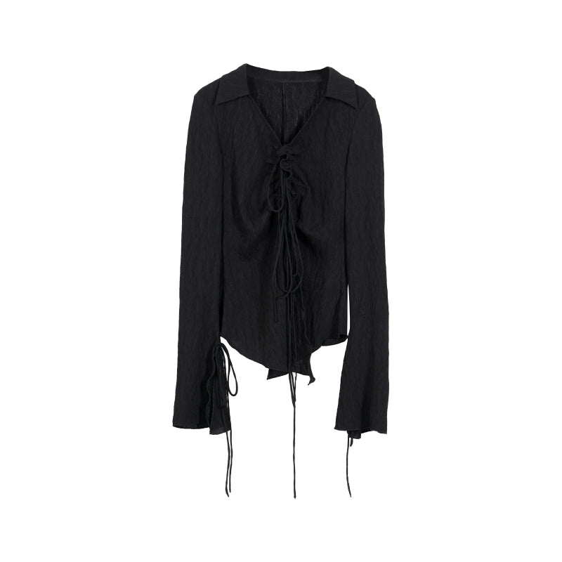 French Lace-up Black Shirt: Autumn