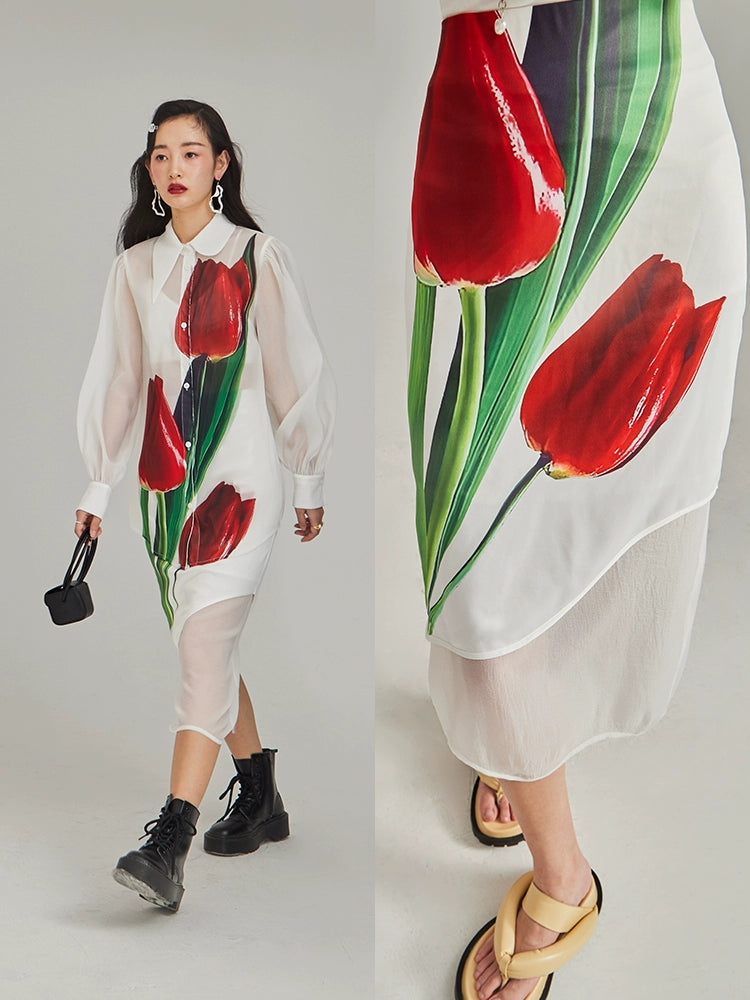 Jupe irrégulière en satin tulipe artistique