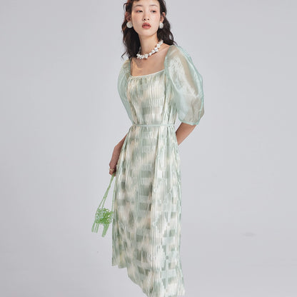 Original Design Jasmine Matcha Bubble Sleeve Halo Dye Printed Texture Pleated Organza Dress