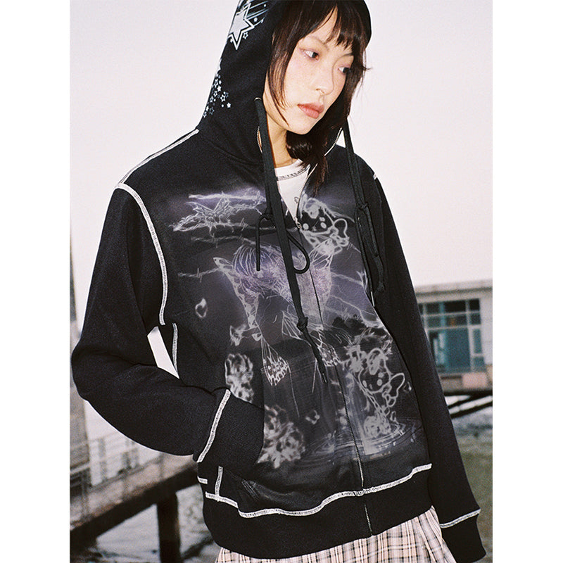 Butterfly Elf Handdrawn Print Hooded Zipper Sweater Coat