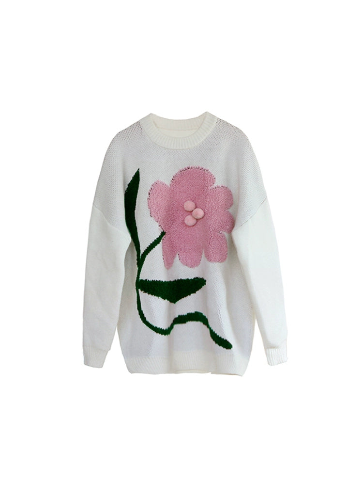 Original Design Gives You a Big Peony Art Design Towel Embroidered Wool Ball Early Autumn Sweater