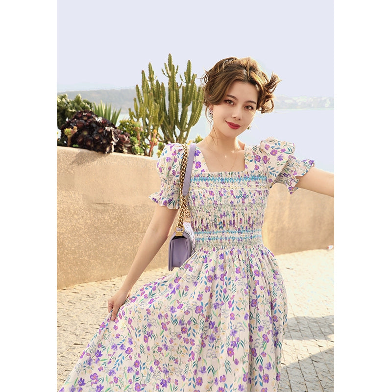 Flower and Leaf Tie Waist Cotton Dress