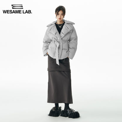 Unique Texture Fashion Lace Up Waist Rollover Collar Down Coat