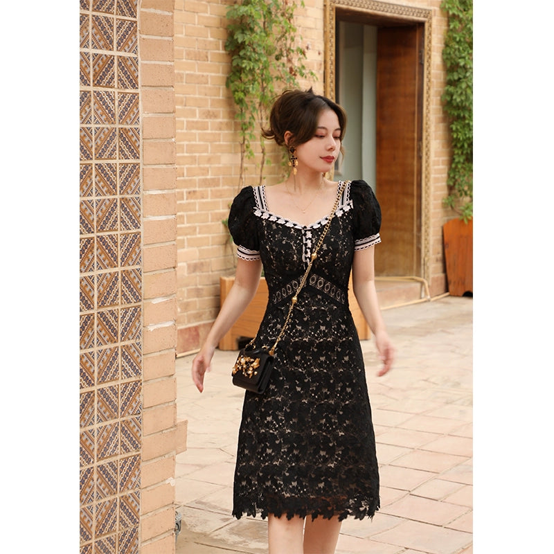 Vintage Black Lace Waist Wrap Mid-Length Dress