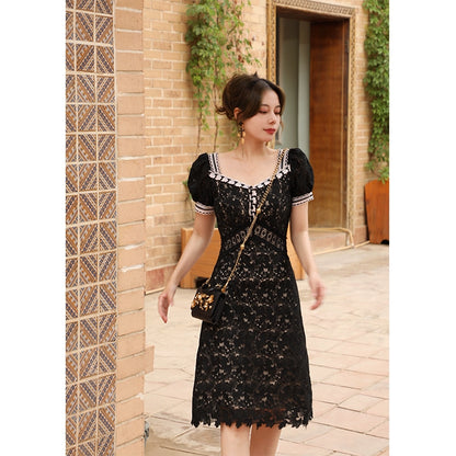 Vintage Black Lace Waist Wrap Mid-Length Dress