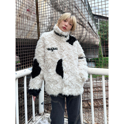 rebellious bunny black and white patchwork fur coat