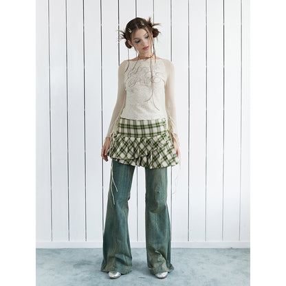 Green Check Pleated Skirt