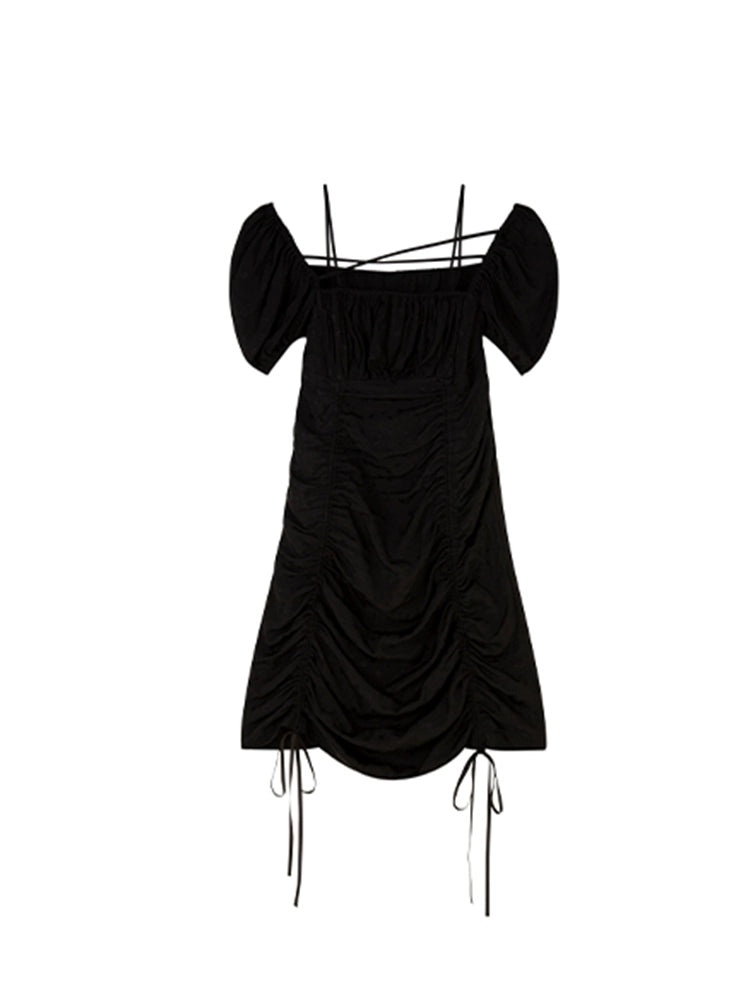 French Square Neck - Black Short Dress