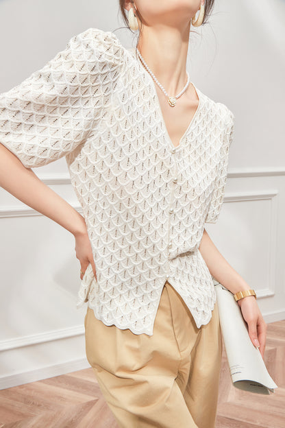 White Xiaoxiangfeng V-neck Knit Top