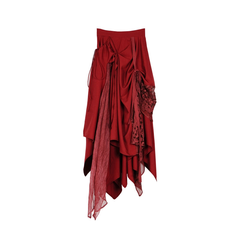 Red Lace Spliced Silk Half Skirt