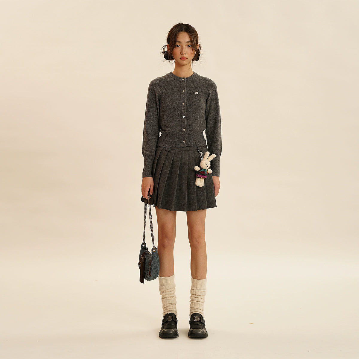 Twill Denim Studded Chain Bag