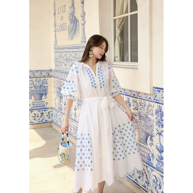 White and Blue Star Lace-Up Summer Dress