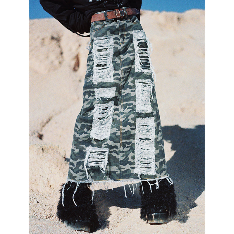 distressed camouflage long skirt
