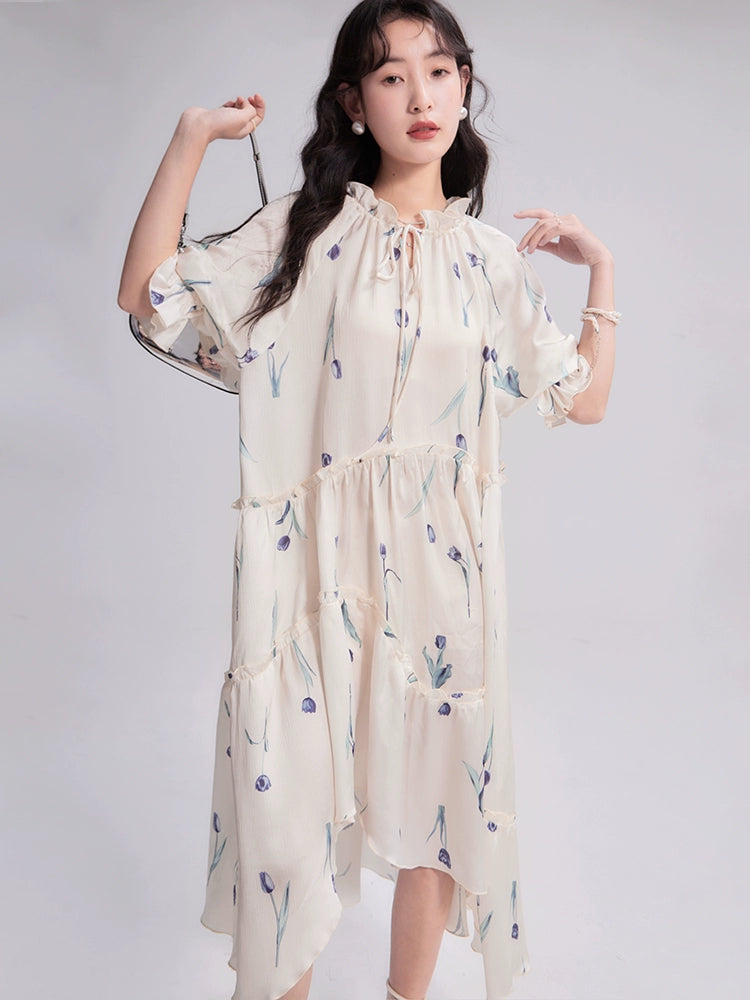 Original design by You'er UARE Iced Tulip Satin Print Loose and Irregular Split Loose Dress