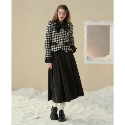 Contrast Bird Plaid Wool Coat