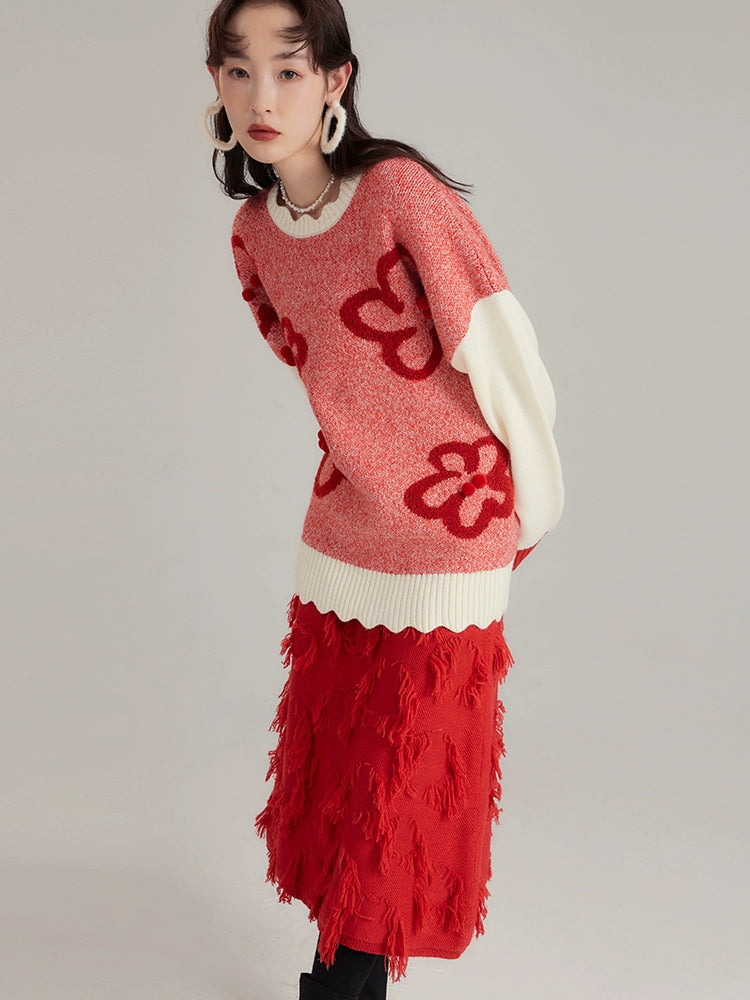 Red Jacquard Wool Skirt