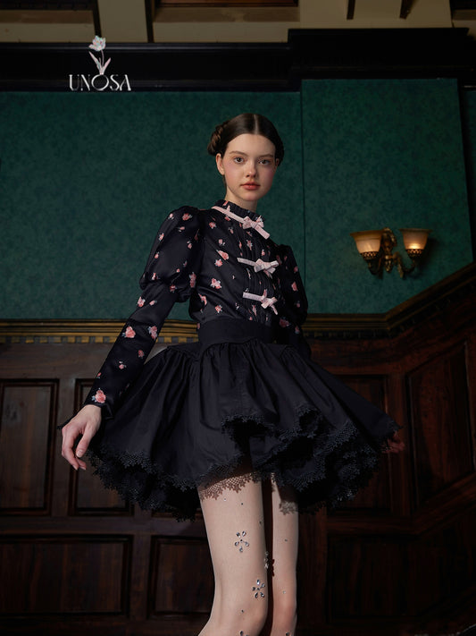 Black Lace Edge Large Hem Skirt with Waistband