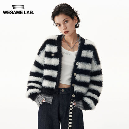 Mohair Contrast Stripes Imitation Mink Fleece V-Neck Cardigan