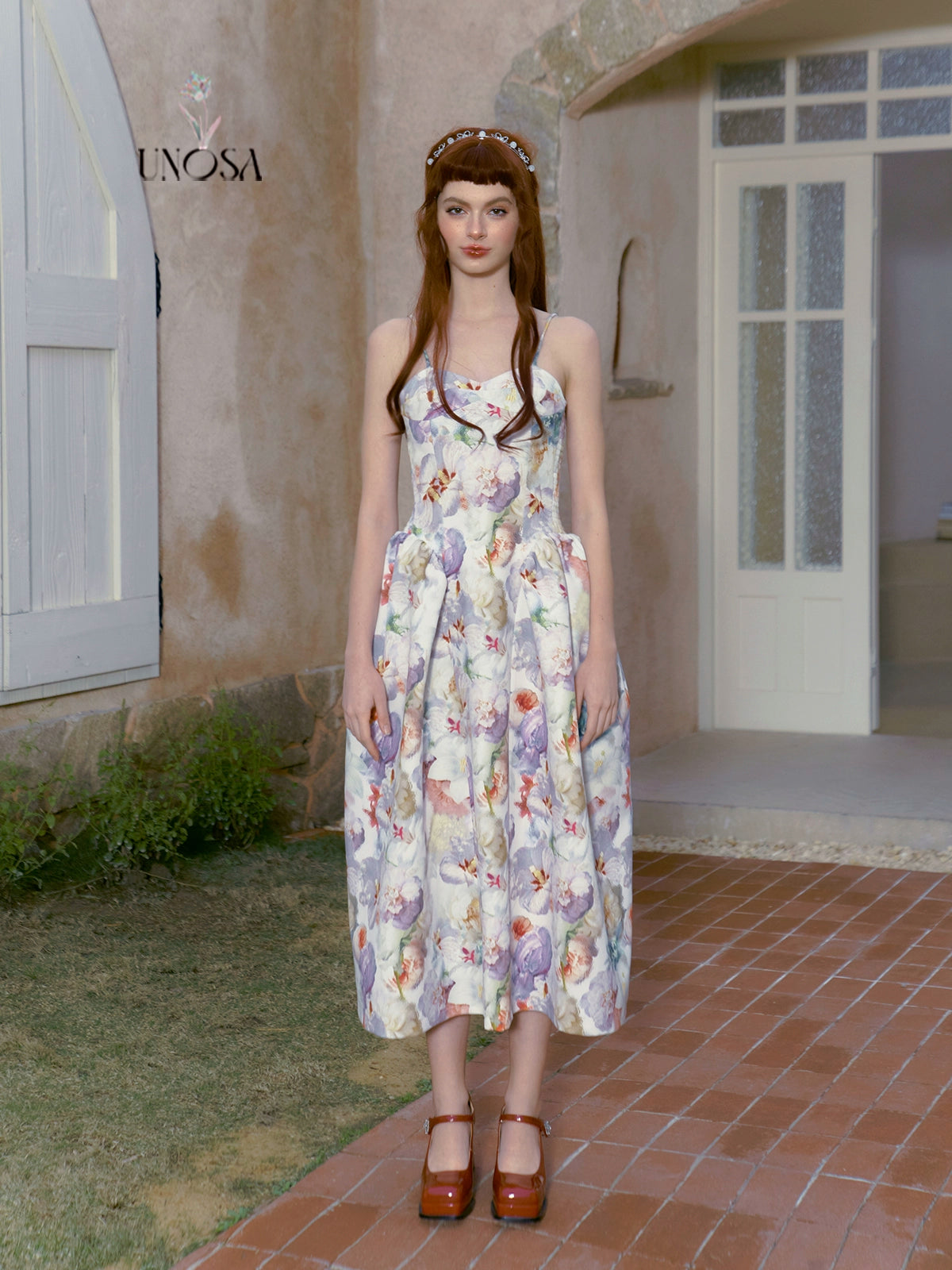 Misty Floral Print Strap Dress with Cinched Waist and Large Skirt Hem