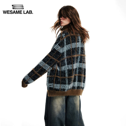 Blue Imitation Sable Plush Plaid Knitted Cardigan