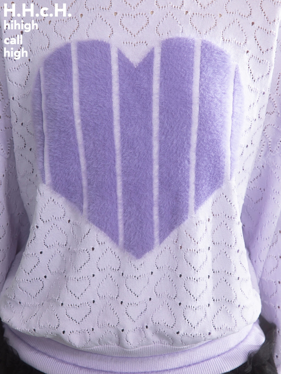 Suéter de punto hueco de corazón púrpura de niña