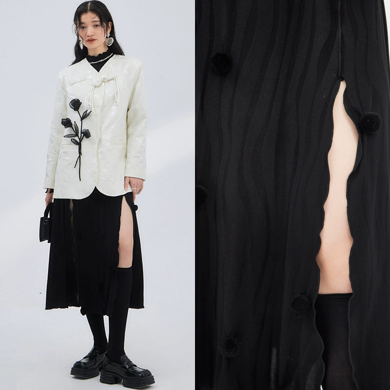 Original Design Black Truffle Wave Jacquard Collar Small Wool Ball Knitted Small Black Dress Early Autumn Dress