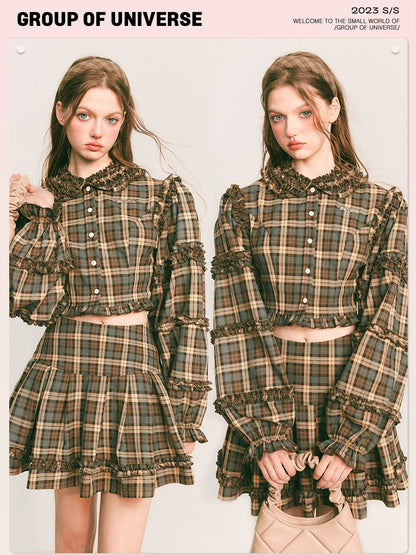 Hazel Vintage Set - Milk Coffee Plaid Outfit