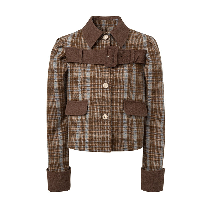 Plaid Teatime - Warm Brown Woolen Belted Coat