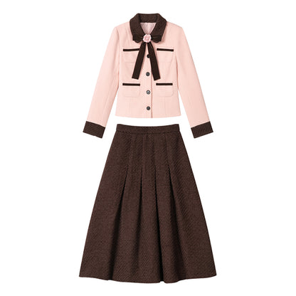 Bow Coat Pleated Skirt Set