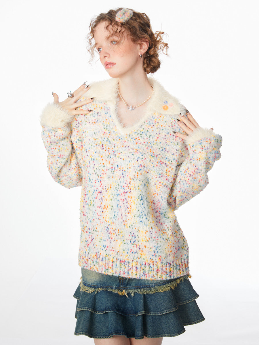 Gentle and Lazy Rainbow Particle Polo V-Neck Sweater - Autumn/Winter