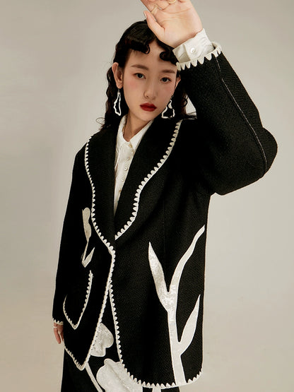 Original Design Flower Moonlight Night Crowd Black and White Contrast Velvet Flower Fragrant Wind Early Autumn Suit Coat