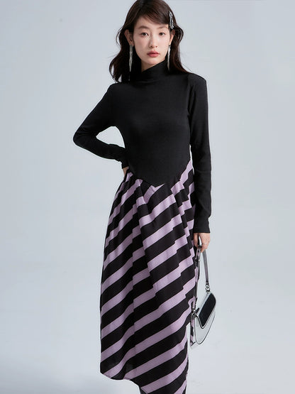 Original design by Ear Absolute Purple Grape Vintage Oblique Half High Neck Pleated Stripe Shoulder Pad Dress