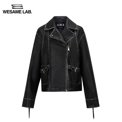 Agua de lavado vintage original Maillard Black Short Motorcycle Cuero Matte American Chaqueta Americana Coat Women Women