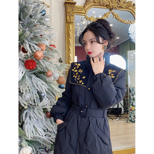 Winter Ginkgo Embroidery Waist Down Coat