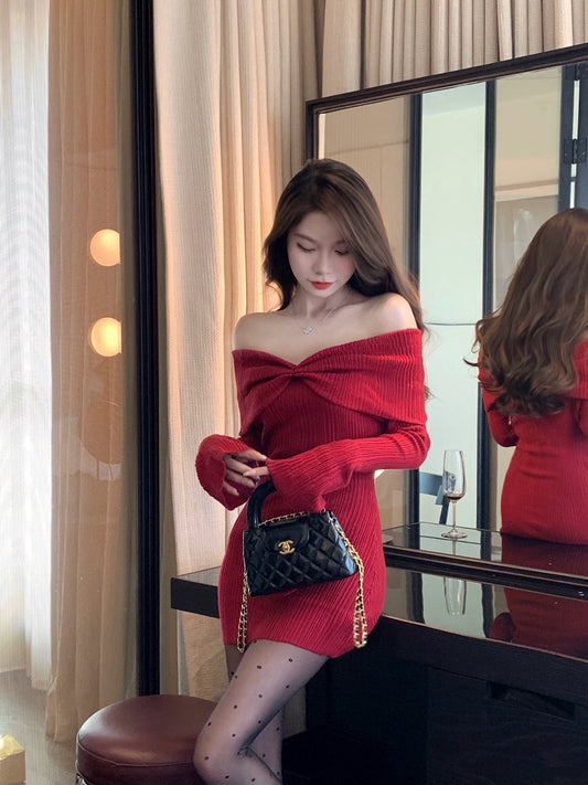 Red Knit Bow Dress by Secret Date
