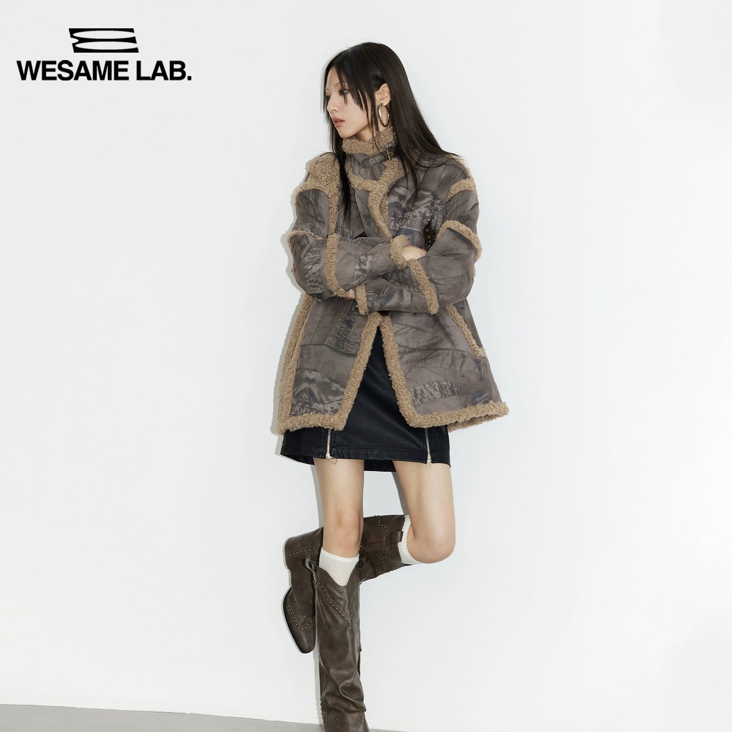 Loose Fit Coffee Printed Leather and Fur Integrated Coat