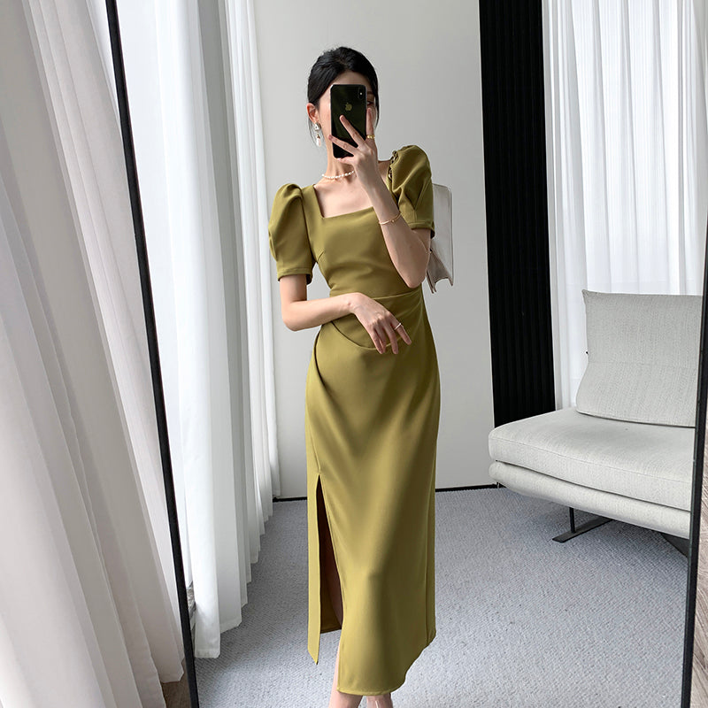 Elegant Green Slim Dress 2023: Luxe Square Neck