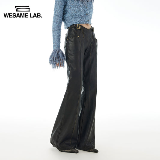 V-Waist Slim Brown PU Leather Wide Leg Pants