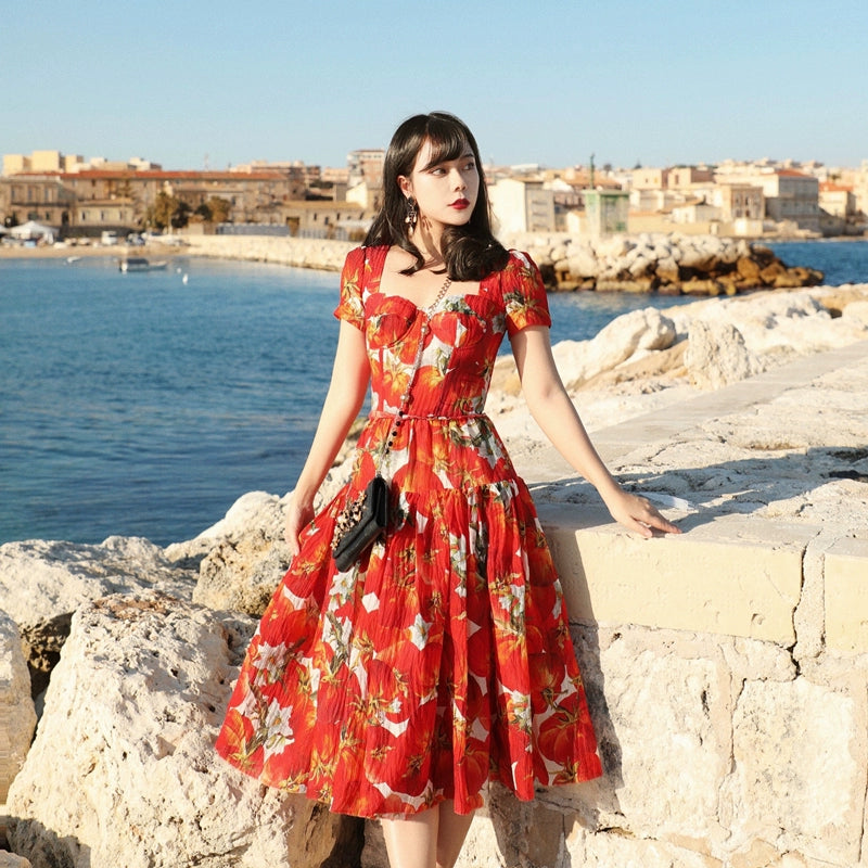 Tomato Flower Retro Square Neck Swing Dress