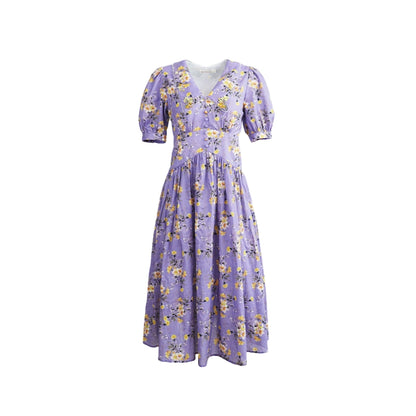 Purple Tone Yellow Vintage V-Neck Waist Dress