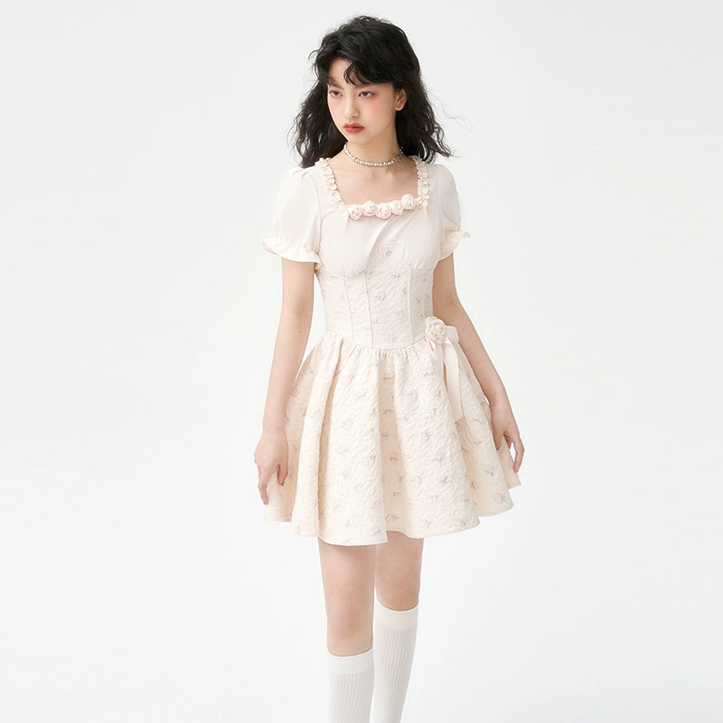 3D Rose Bubble Sleeve Dress