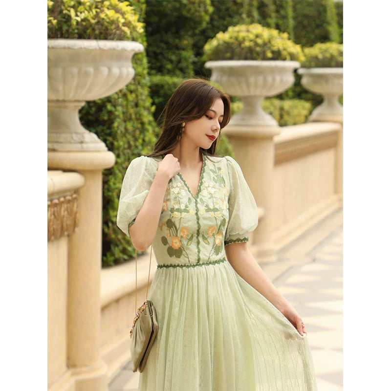 Green Mang Matcha Embroidery Lace Dress