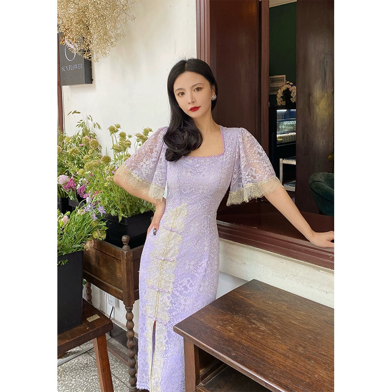 Far Mountain Purple Lace Cheongsam Dress
