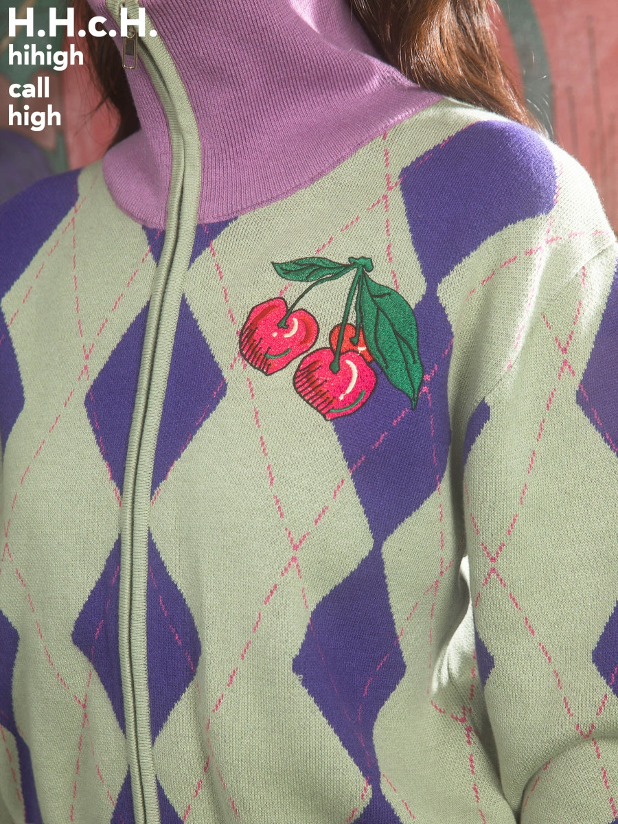 Cherry Embroidery: Diamond Plaid Zipper Cardigan