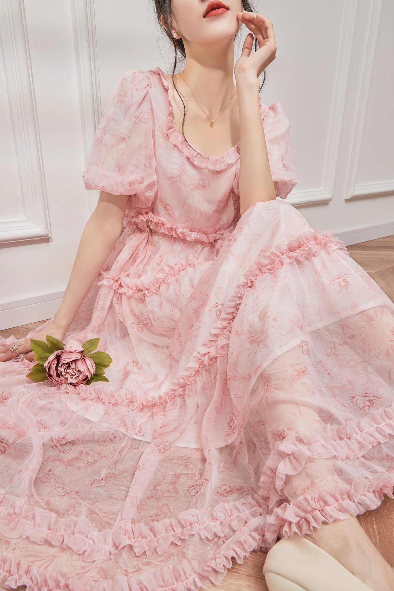 Pink Bubble Sleeve Long Dress