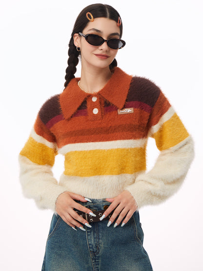 Short Style Lazy Polo Neck Stripe Sweater