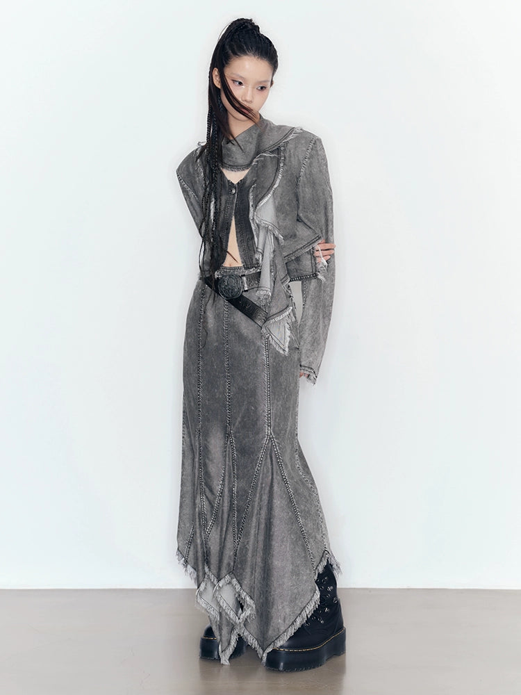 Yuantian Silk Denim Two Piece Skirt Set