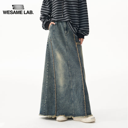 Retro Fur Edge Split Washed Denim Long Skirt