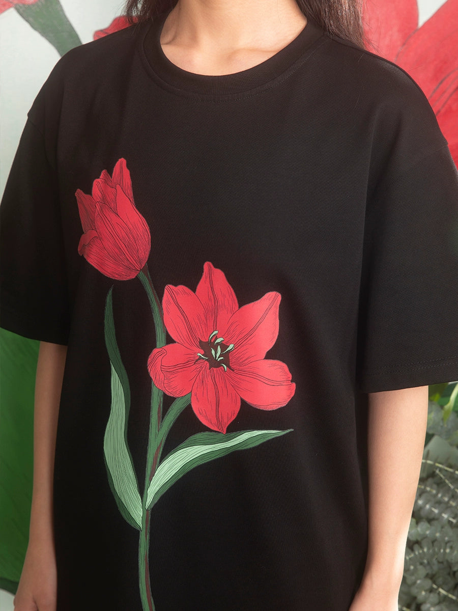 Tulip Print Black Loose Short Sleeve T-shirt