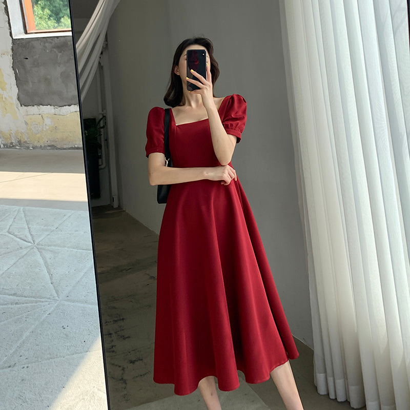 Red Square Neck Retro Dress